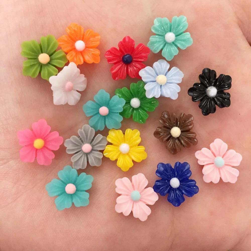 New Mix 50pcs Resin 12mm Lovely Mini Colorful Flower Flat Back Stone Appliques DIY Wedding Scrapbook Craft F577