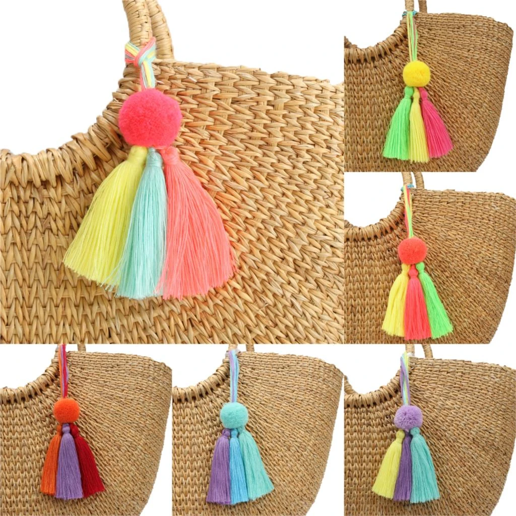 1pc Women Trendy KeyChains Lovely Pom Pom Ball With Wooden Beads Key Chains Tassel Hand Bag Charms Jewelry