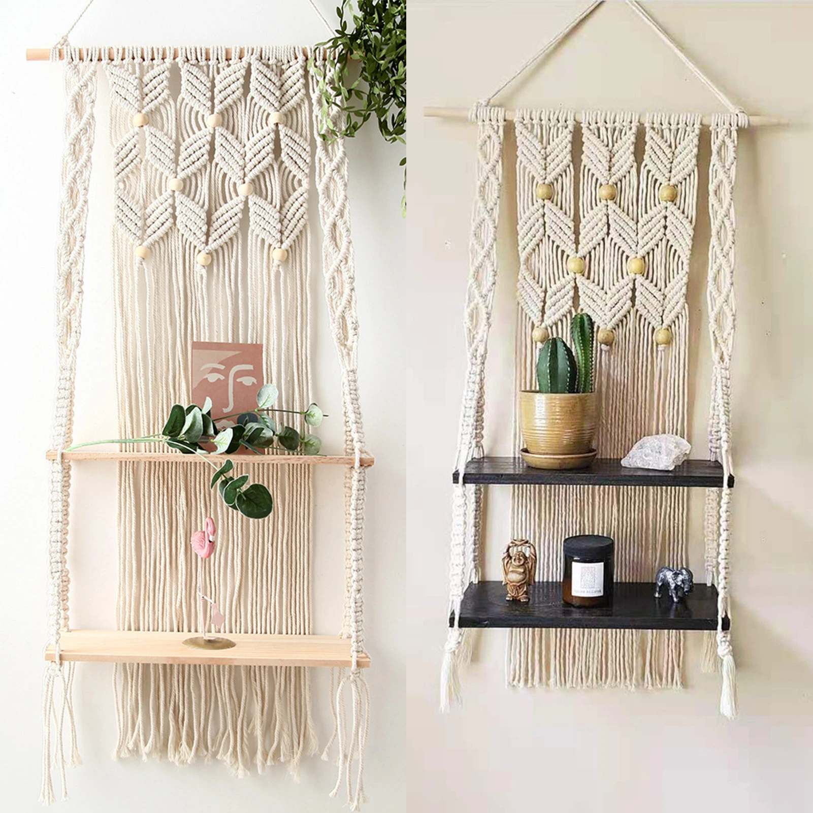 Hand-Woven Macrame Hanging Planter Basket Wooden Shelves Bohemian Style 1/2 Layers Rack Wall Hanging Tapestry Home Room Decor