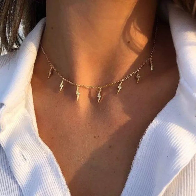 New Fashion Lightning Shape Gold Silver Color Pendant Necklace for Women Girl Jewelry Boho Classic Statement Choker Necklace
