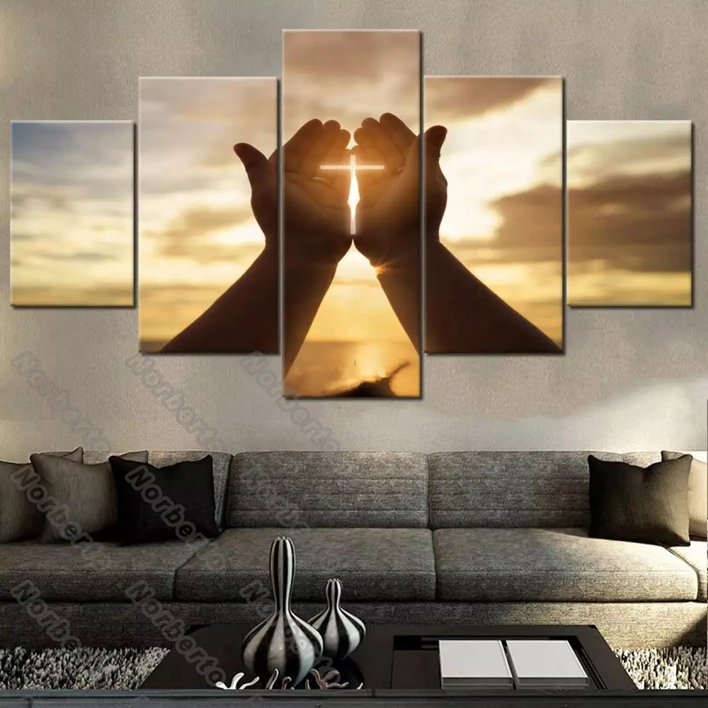 5Pcs European Canvas Painting Wall Poster and Print Art Christan Pictures Jesus Cross Hand Prayer for Home Rooms Wall Decoration