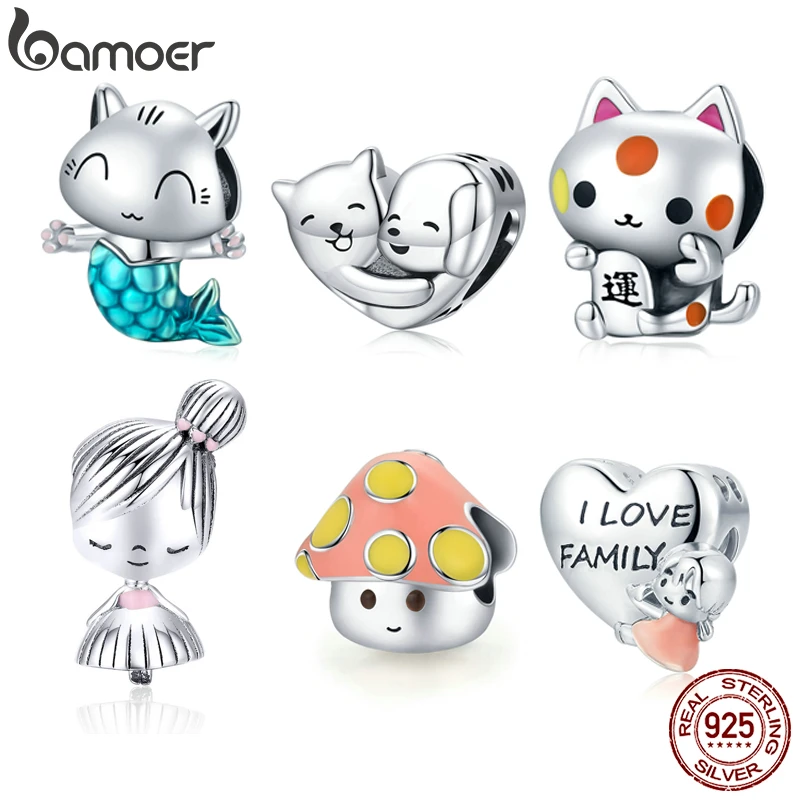 bamoer 925 Sterling Silver Kitty Mermaid Charm Blue Enamel Bead Pendant for Charm Bracelet Bangle DIY Making for Girl