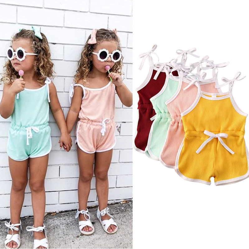 0-5Y Summer Infant Baby Girls Rompers Overalls Solid Sleeveless Belt Jumpsuits Lovely Clothes 4 Colors