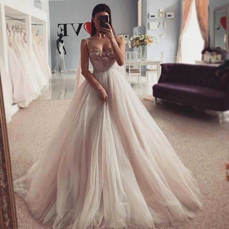 Sexy Crystals Wedding Dresses Vestidos de Noiva 2021 Princess Bride Dress Church Beach Wedding Gowns Custom Made