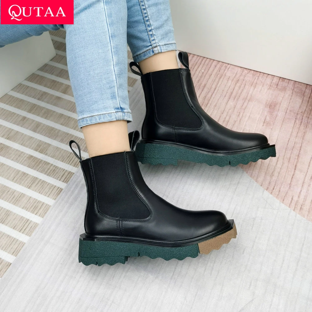 QUTAA 2022 INS Fashion Ankle Boots Slip On Cow Leather Autumn Women Shoes Round Toe Square Med Heel Winter Short Boots 34-40