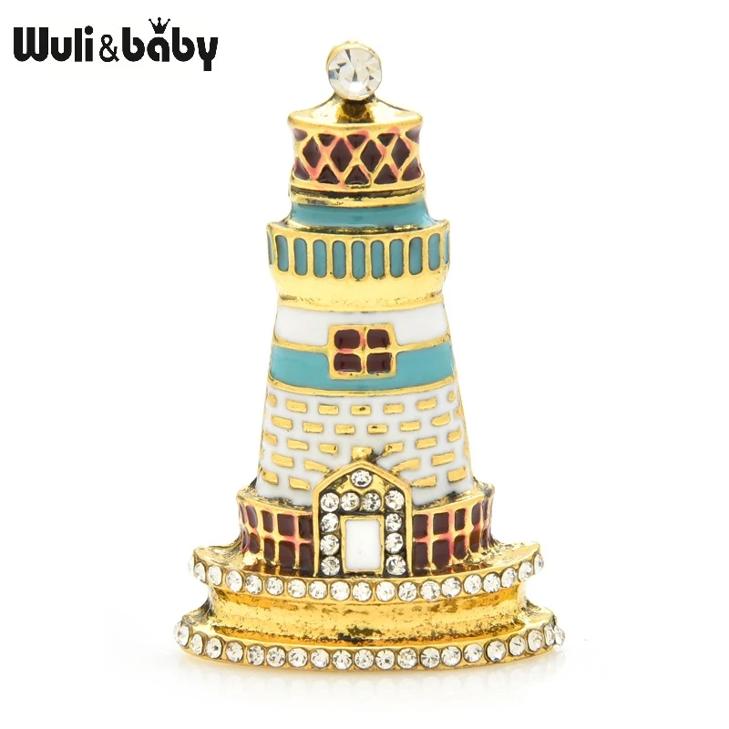 Wuli&baby 2-color Enamel Lighthouse Tower Brooches Women Alloy Rhinestone Casual Party Brooch Pins New Year Gifts