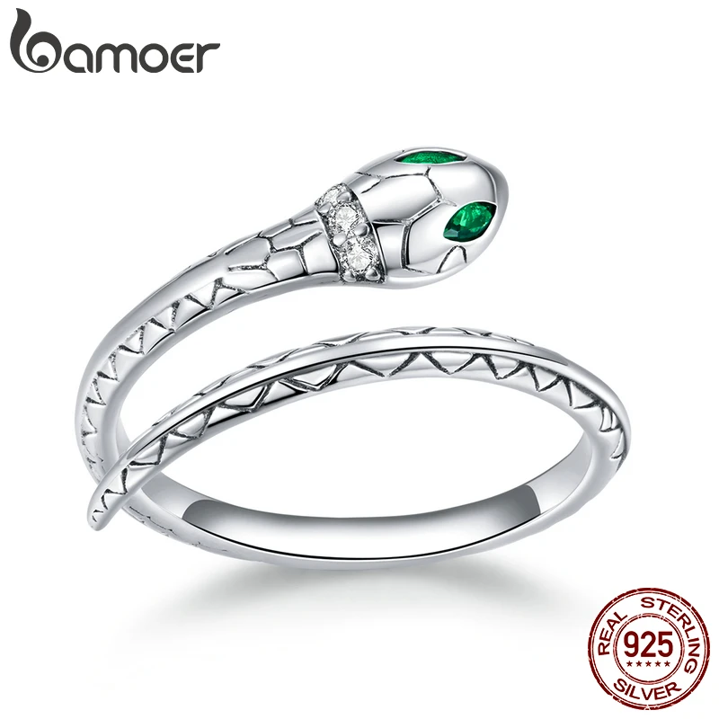 bamoer Silver Adjustable Snake Ring 925 Sterling Silver Vintage Open Size Finger Ring for Women Statement Wedding Jewelry BSR169