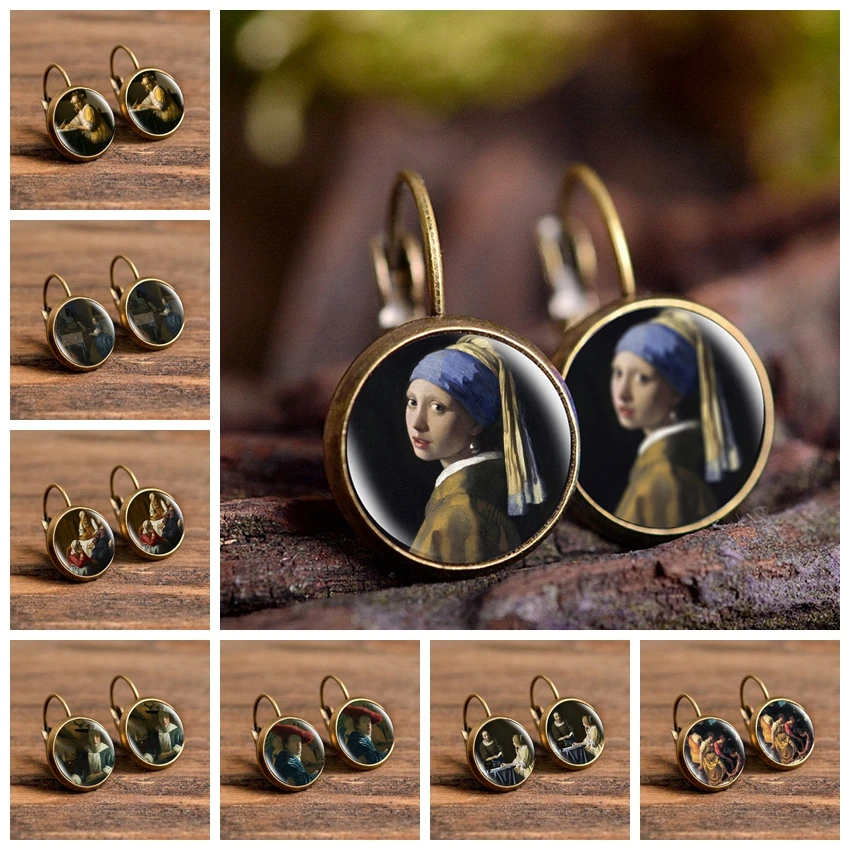 Fashion Bronze Color Punk Style Earrings Vermeer Oil Painting Girl Wearing Pearl Stud Earrings Glass Cabochon Jewelry for Women