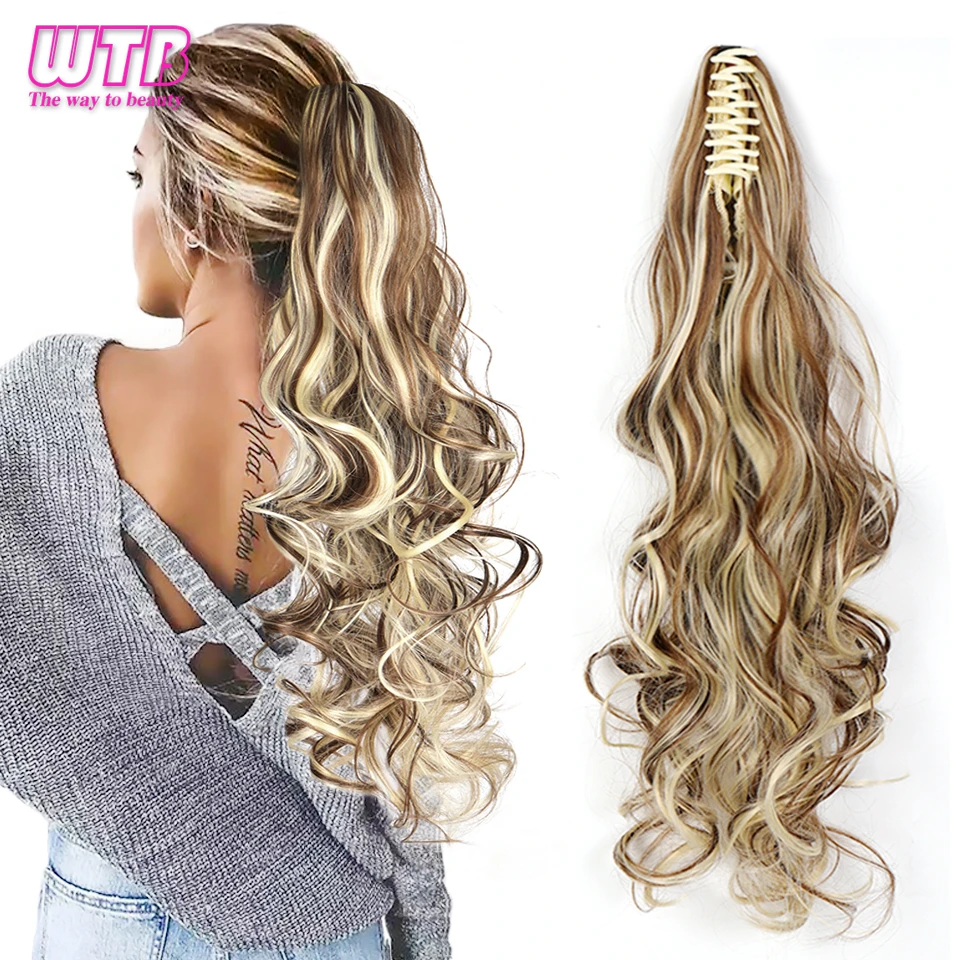 WTB Long Wavy Claw on Hair Tail False Hair Ponytail Hairpiece Synthetic Drawstring Wave Black Ponytail Extensions for Women