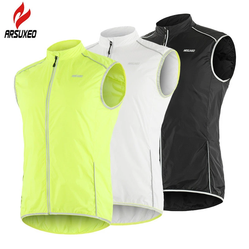 ARSUXEO Reflective Men Cycling Vest Windstopper Windproof Bike Bicycle Running Vest with Back Zipper Pocket Reflective Clothing