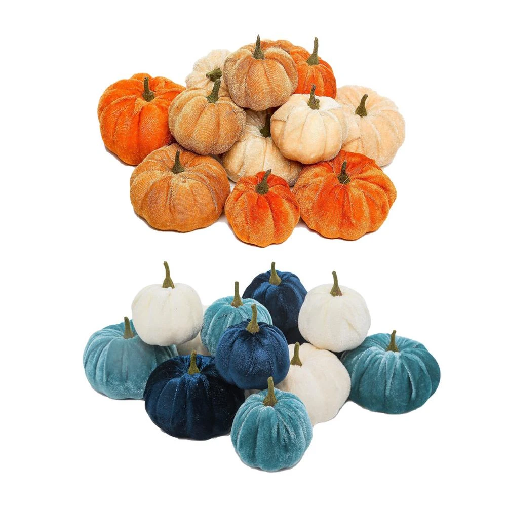 12pcs Artificial Pumpkin Velvet Plush Material Soft Fake Pumpkin Autumn Harvest Thanksgiving Halloween Decoration