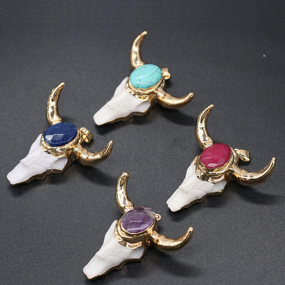 Vintage Ethnic Bull Skull Cow Bone and Amethysts Lapis Lazuli Pendant Charms Pendants for Jewelry Making DIY Necklace 46x46mm