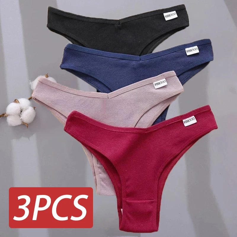 FINETOO 3PCS/Set Women's Panties Cotton Brazilian Underwear Women Sexy V Waist Women's Thong Female Underpants Intimate Lingerie