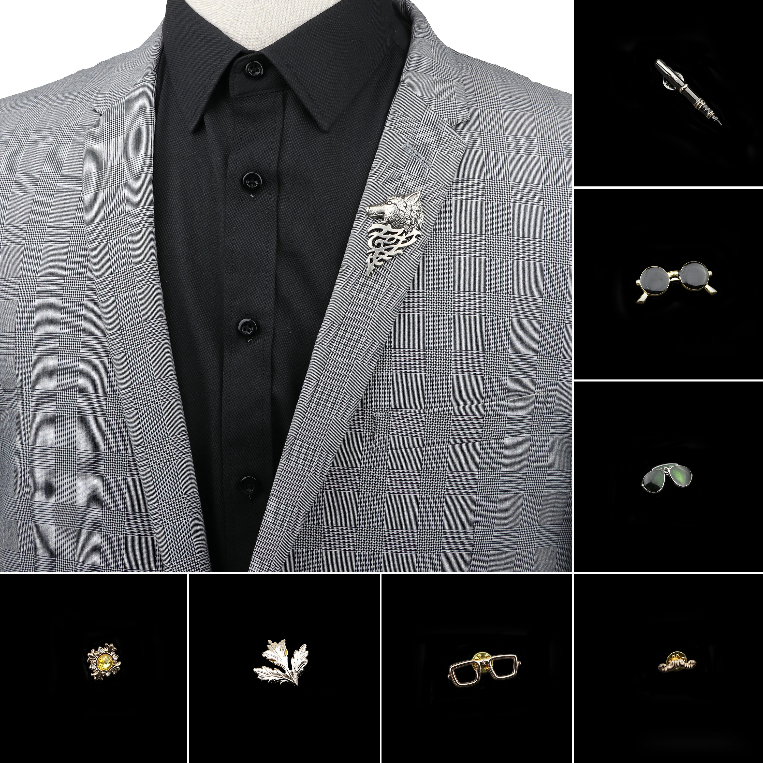 Men's Advanced Chic Brooches Wolf Sunglasses Pin Suit Shawl Lapel Pins Uxedo Corsage Hat Shirt Collar Pin Party Daily Accessory