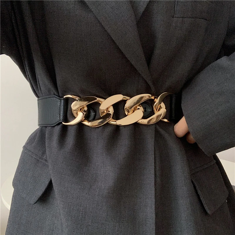 Gold chain belt elastic silver metal waist belts for women ceiture femme stretch cummerbunds ladies coat ketting riem waistband