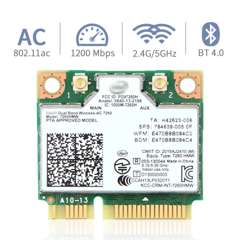 Dual Band Wireless Card For Intel 7260 7260HMW ac Mini PCI-E 2.4G/5Ghz Wlan Wifi Bluetooth 4.0 802.11ac/a/b/g/n With Antenna
