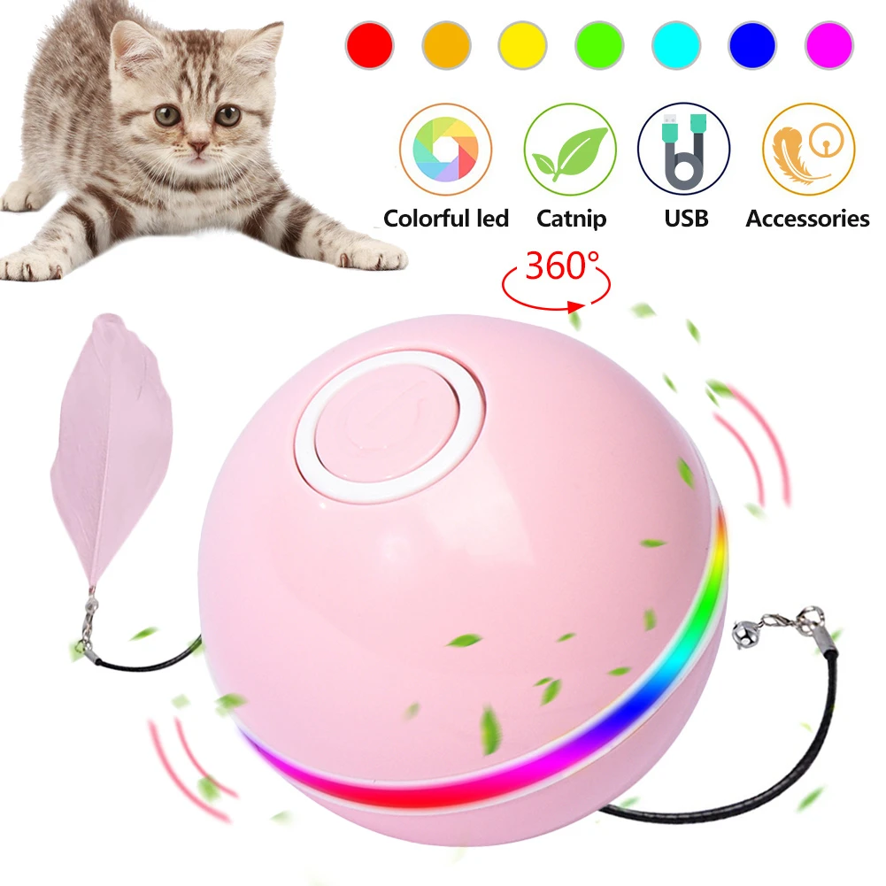Smart Interactive Cat Toy Colorful LED Self Rotating Ball With Catnip Bell And Feather Toys USB Rechargeable Cat Kitten Ball Toy