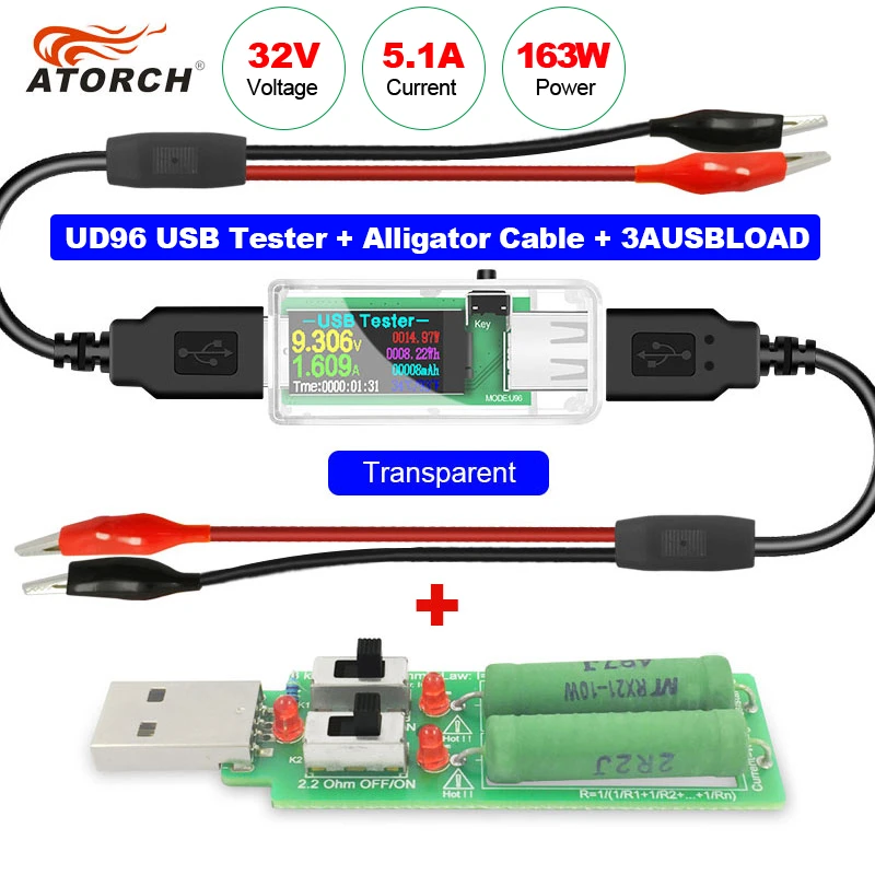 U96 USB tester DC Digital voltmeter amperimetro power bank charger indicator voltage current meter detector+ load+alligator