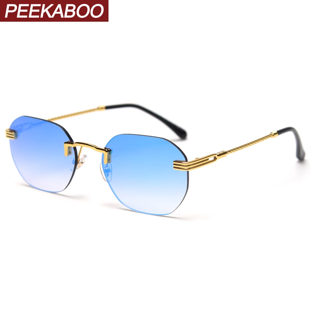 Peekaboo rimless sunglasses men square mirror blue red green frameless retro sun glasses for women metal gold uv400 high quality