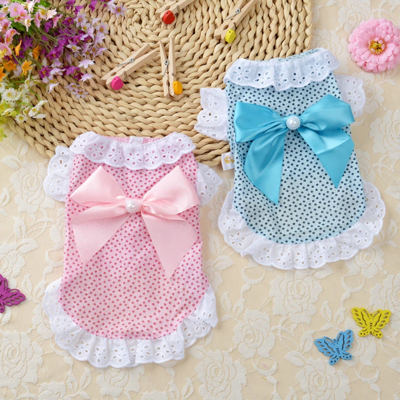 Cat Clothes Dog Wedding Dress Cotton Lace Floral Dress Large Bowknot Pet Dog Dress Summer Clothing For Small Medium Dog Supplies