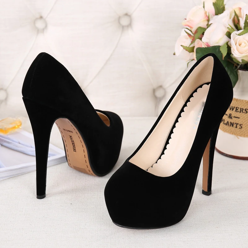 14cm Extreme High Heels Ladies Platform Shoes 4cm Waterproof Flock Party Sexy Stiletto Heels Women's Shoes Size 46 Round-Toe