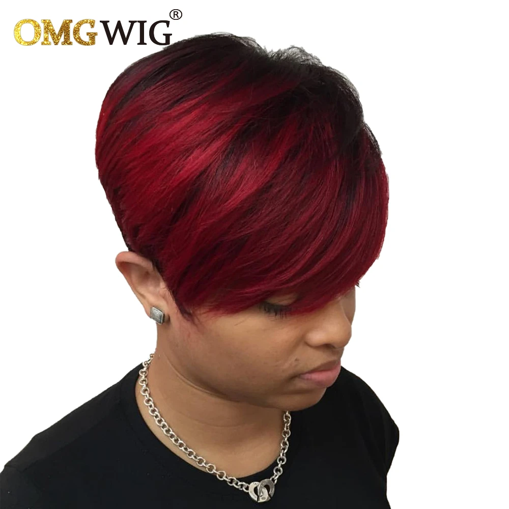 1B/99j Burgundy Short Wig Ombre Human Hair Pixie Cut Wigs For Black Women Pre Plucked Full Machine Made Bob Wig With Bangs Cheap