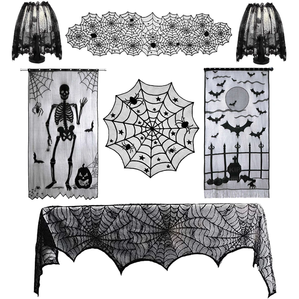 Halloween Decoration For Home Spider Web Lace Tablecloth Skull Door Fireplace Curtain Horror House Party Decoration New Year2022