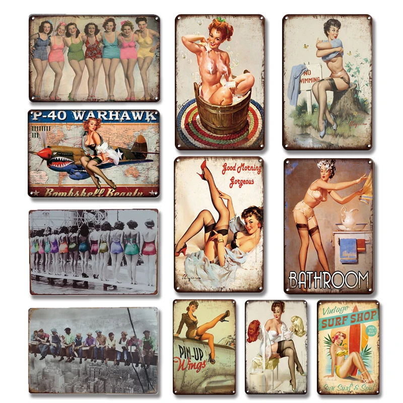 Retro Sexy Beauty Girl Metal Plaque Tin Sign Vintage Bathroom Wall Decor Metal Plate Classic Pin-up Poster Home Decor Stickers