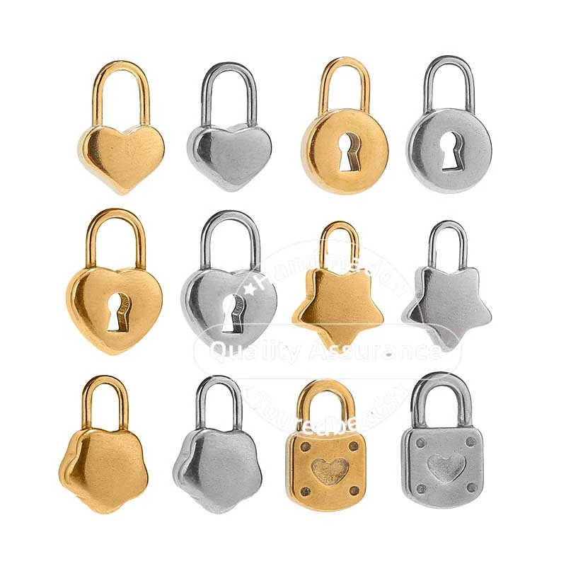 6pcs Stainless Steel Gold Lock Key Charms Heart Star Shaped Padlock Pendants for Bracelets Necklace DIY Jewelry Findings Crafts