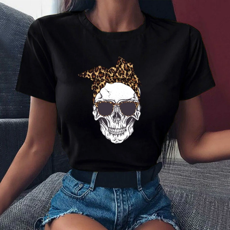 Women's Harajuku Skull Deer Camouflage Burlap Turban T-shirt Girl Short Sleeve Graphic T-shirt Tops,Drop Ship