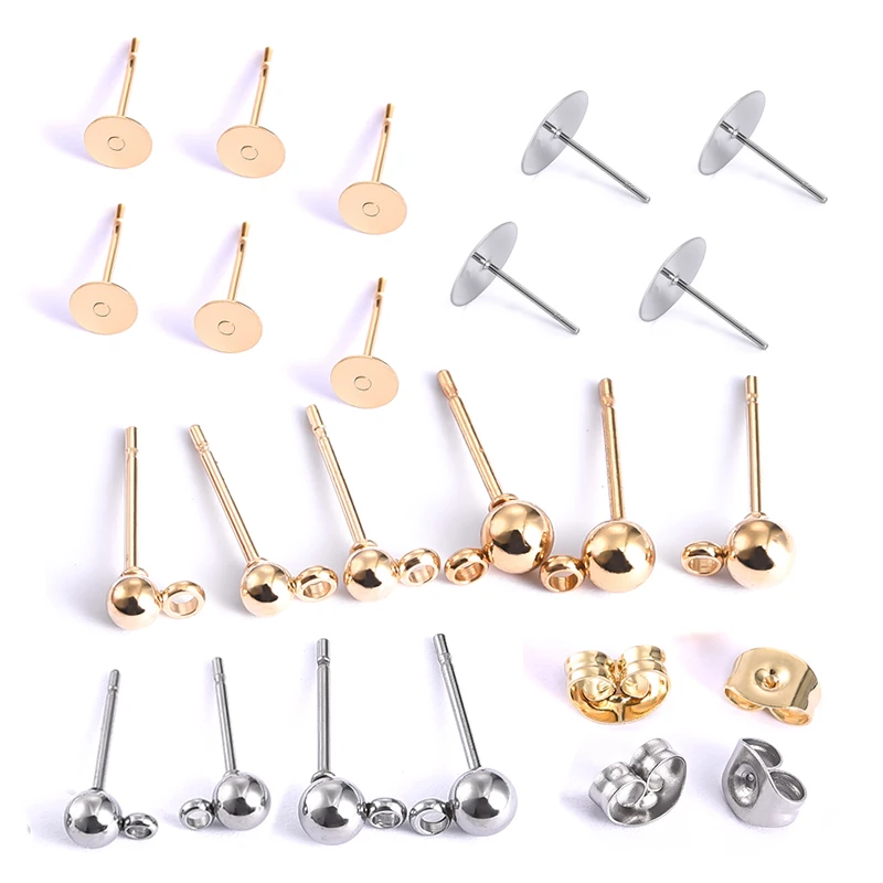 20pcs stainless steel Dia 4/5/6/8/10mm Gold Stud Earrings Back Plug Ear Pins Ball Needles for DIY Jewelry Making Findings