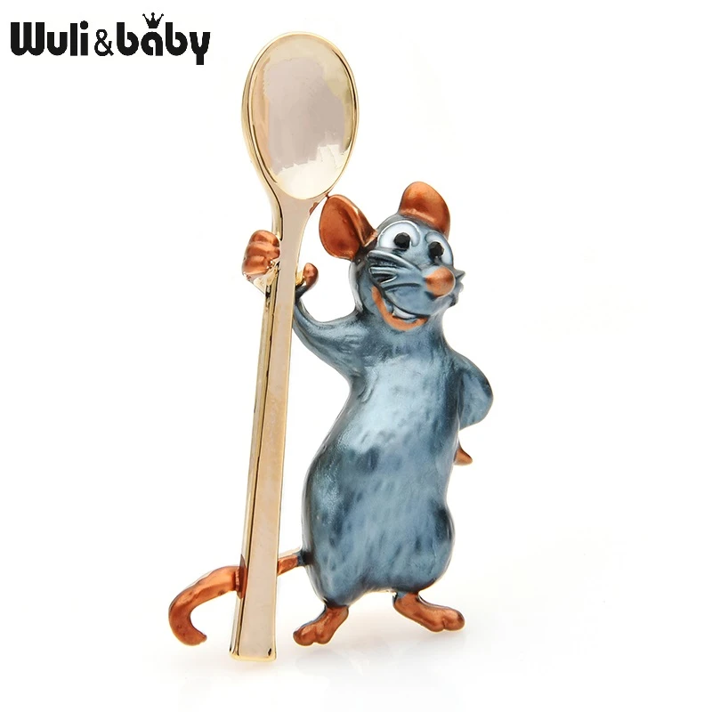 Wuli&baby Holding Spoon Smiling Mouse Brooches Women Alloy Enamel Rat Animal Casual Party Brooch Pins New Year Gifts