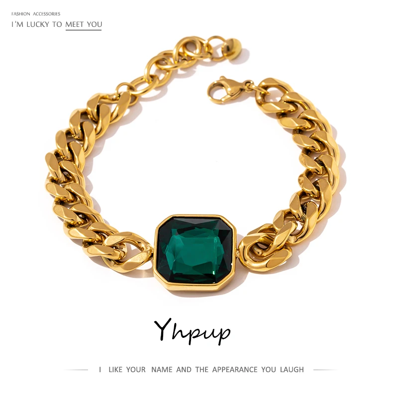 Yhpup Green Crystal Stainless Steel Gold Bracelets Bangle for Women Hip Hop Thick Chain18 K Plated Punk Fashion Bracelets New