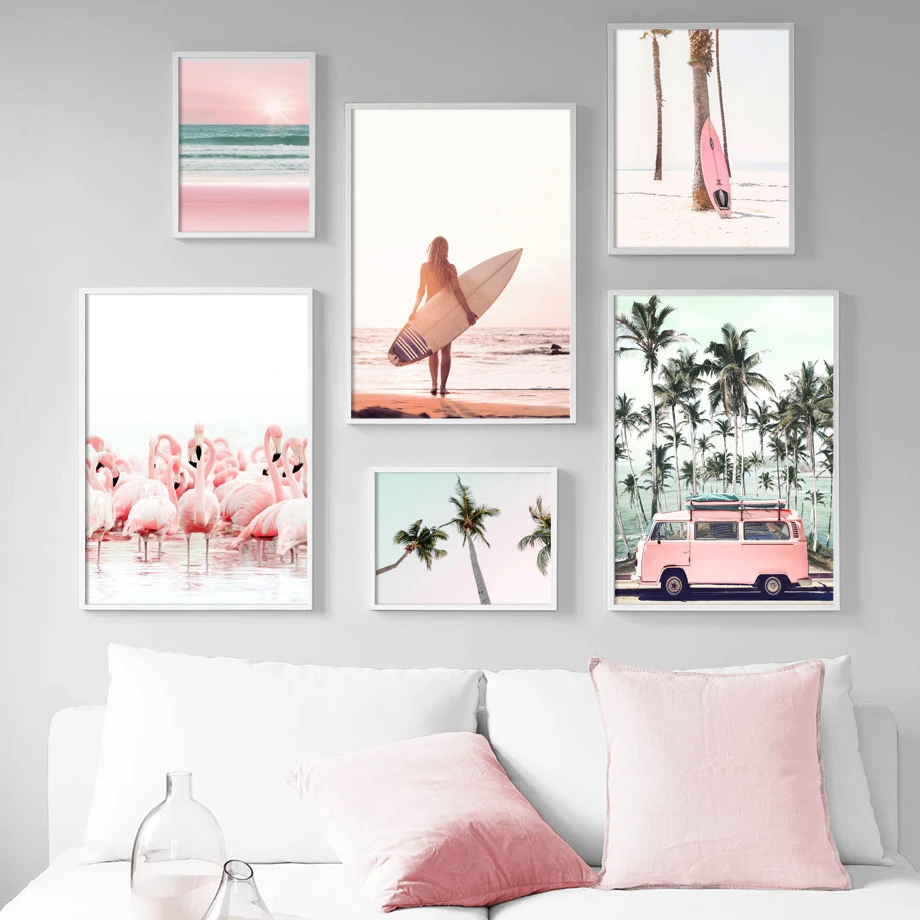 Pink Beach Flamingo Palm Tree Surfboard Wall Art Canvas Painting Nordic Posters And Prints Wall Pictures For Living Room Decor