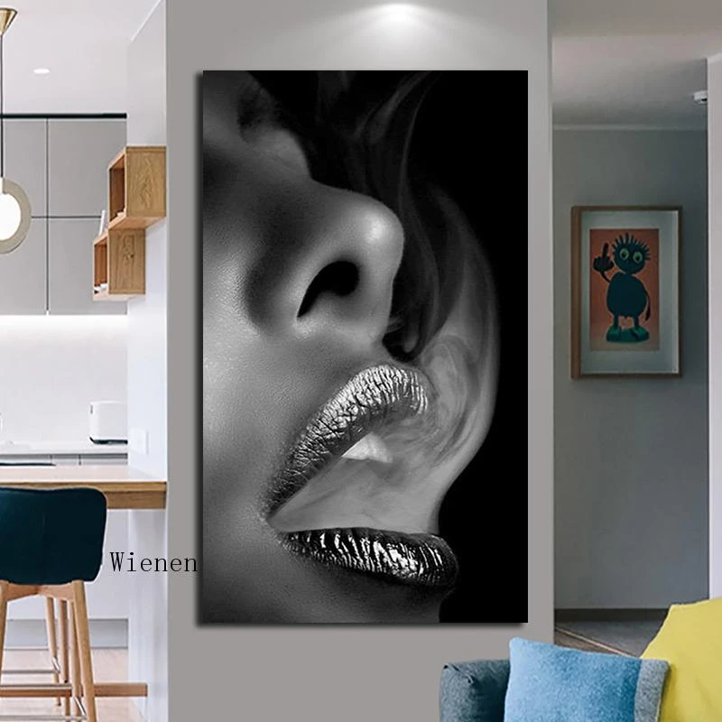 Black and White Women Lip Smoke Canvas Painting Scandinavian Posters and Prints Wall Art Pictures for Living Room Home Decor