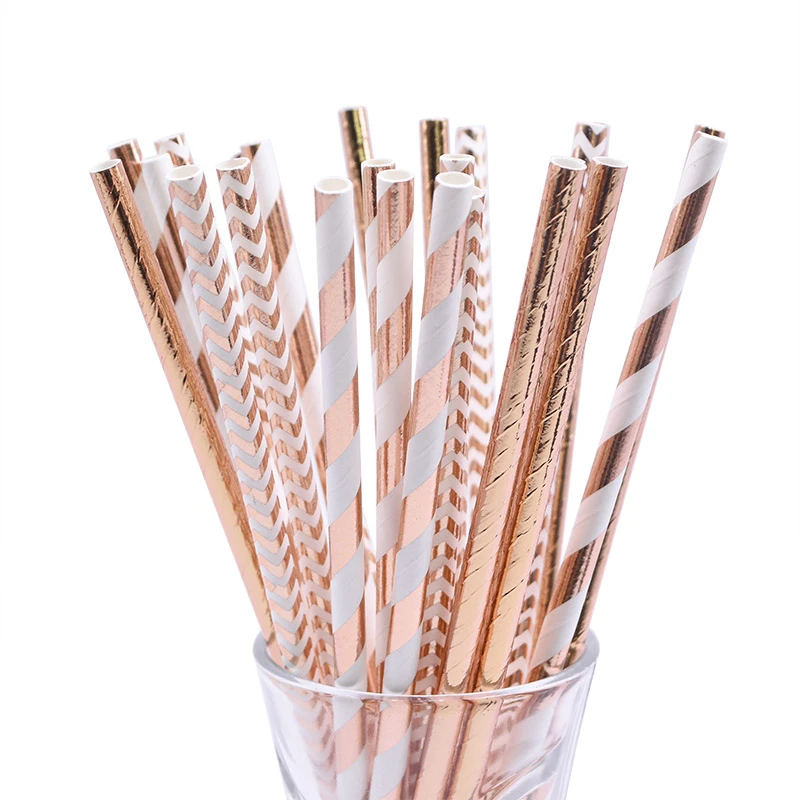 25/50pc Multicolor Rose Gold Silver Pink Blue Foil Star Heart Striped Paper Drinking Straws For Wedding Birthday Christmas Decor