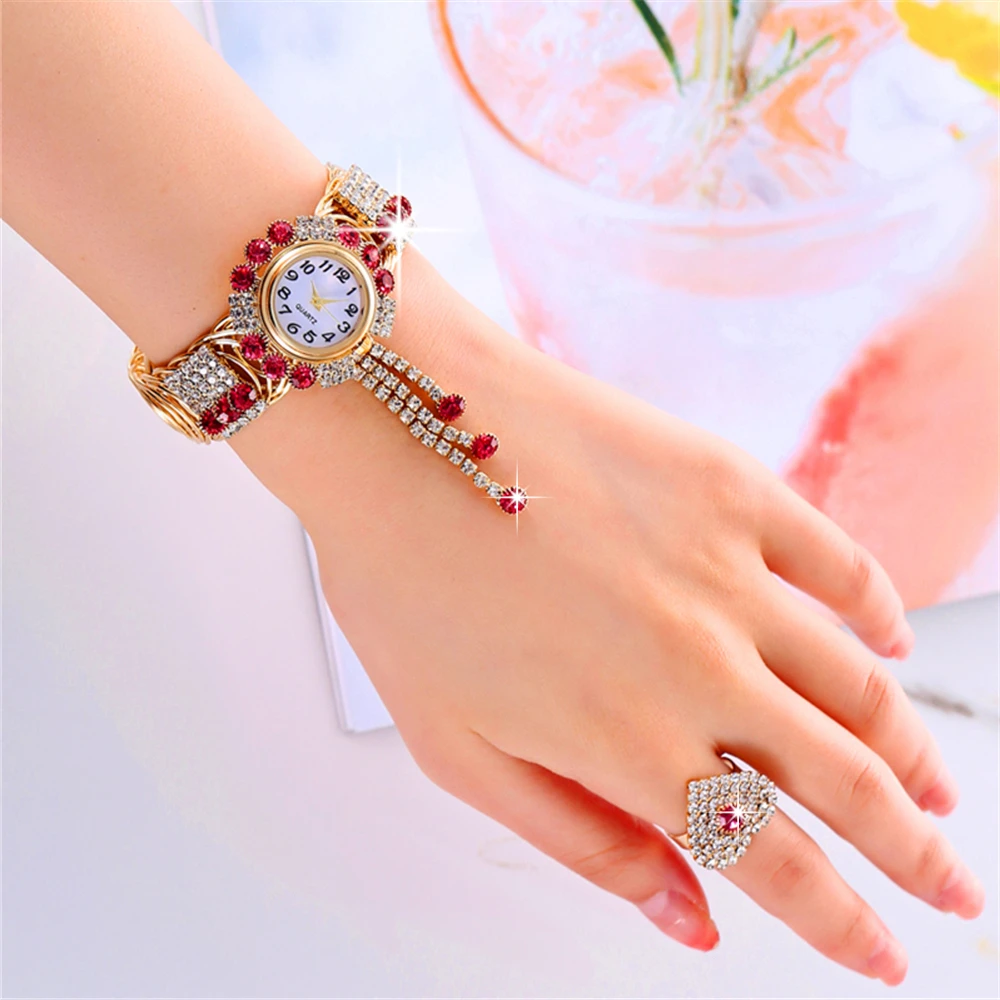 Top Brand Luxury Rhinestone Women Bracelet Watches with Ring 2 Set Ladies Wristwatch Relogio Feminino Reloj Mujer Montre Femme