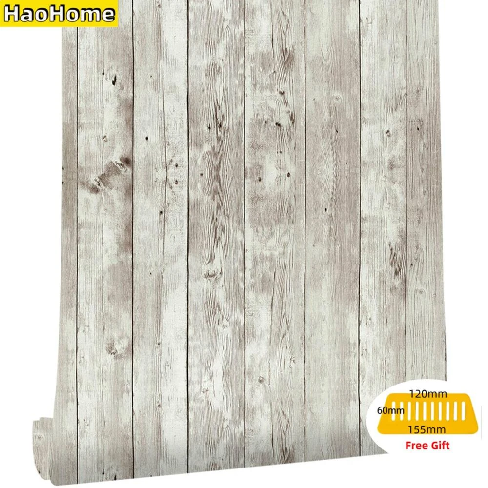 HaoHome Reclaimed Wood Distressed Wood Panel Peel and Stick Wallpaper Self-Adhesive Removable Wall Covering Decorative Vintage