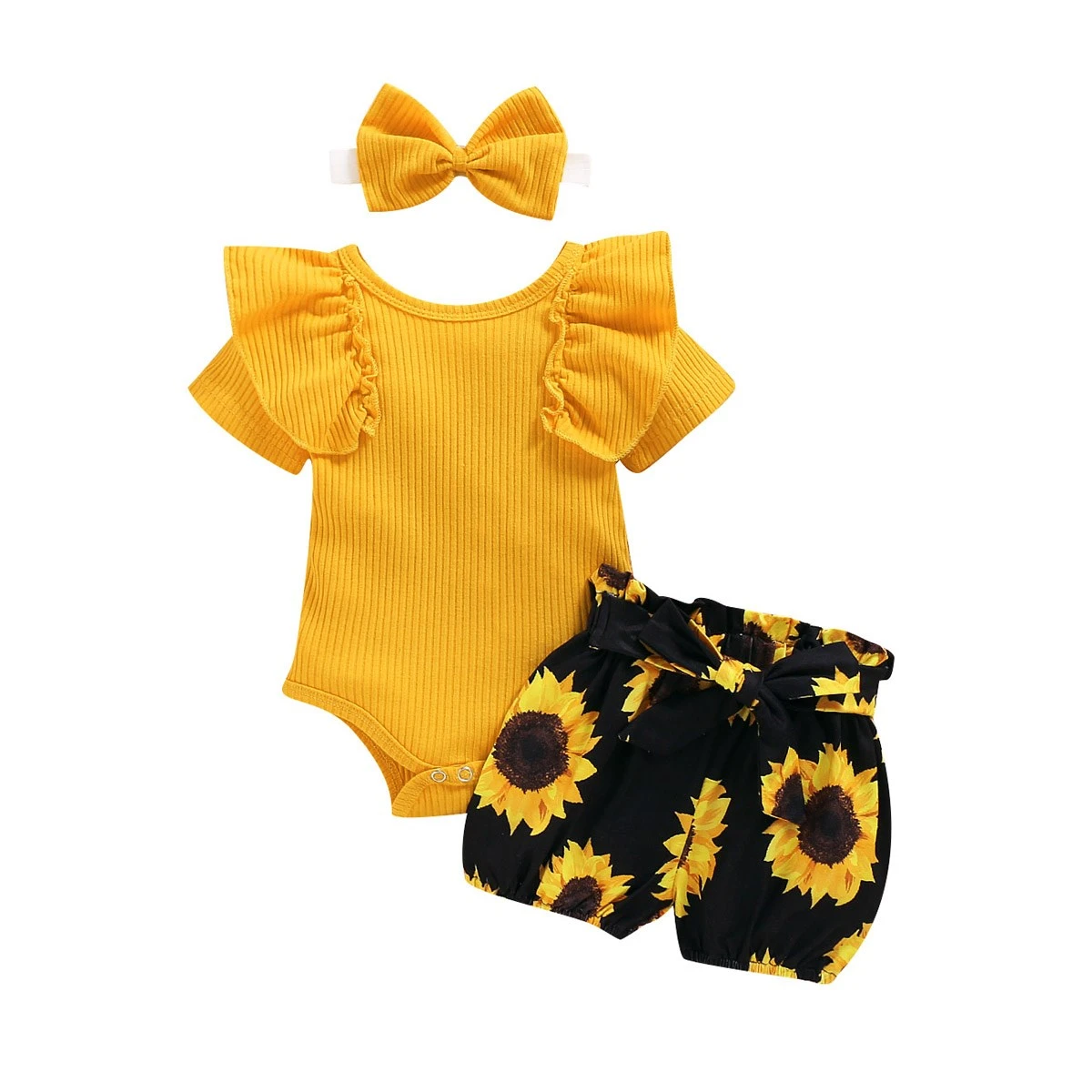 Baby Summer Clothing Girl Floral Clothes Kids Short Sleeve Romper Newborn Jumpsuit+Girls Sunflower Tutu Shorts 3Pcs Outfits Set