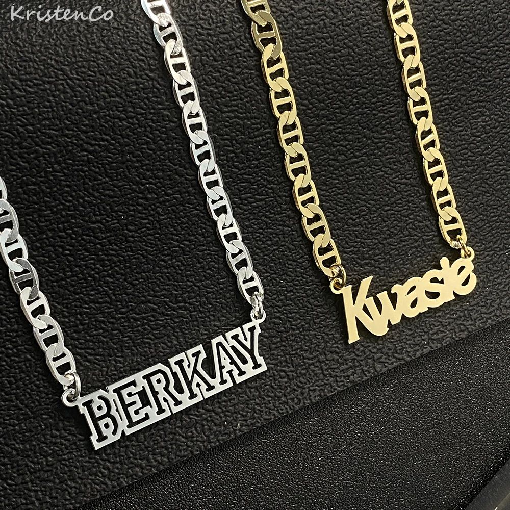 KristenCo Personalized Custom Name Necklace Pendant Gold Color Flat Chain Customized Nameplate Necklaces for Women/Men Gifts
