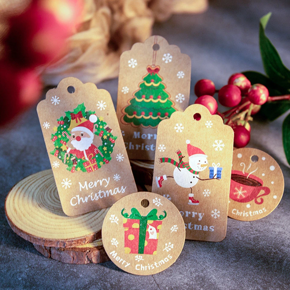 New! 50PCS Christmas Cartoon Kraft Paper Tags With Rope Vintage Xmas Tree/Santa Claus Crafts Hanging Labels Decor Home Supplies