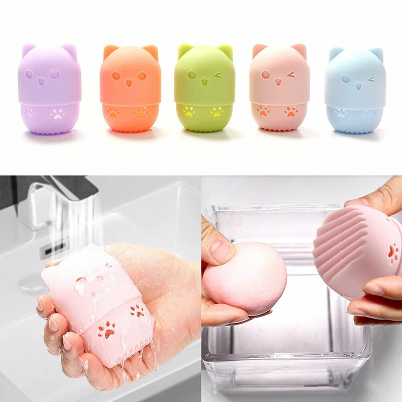 Kitten Powder Puff Holder Sponge Makeup Drying Case Portable Soft Silicone Cosmetic Sponge Box Holder