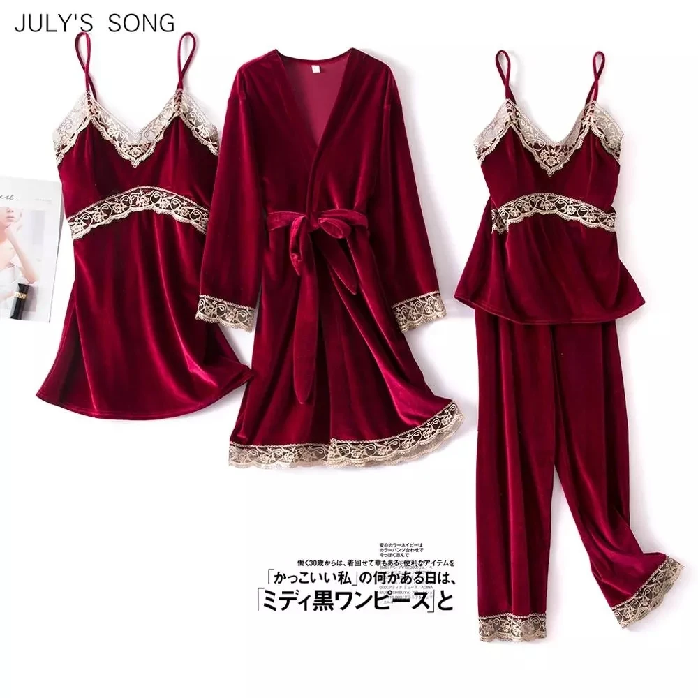 JULY'S SONG Fashion Velvet 4 Pieces Warm Winter Pajamas Sets Women Sexy Lace Robe Pajama Sleepwear Suit Sleeveless Nightwear