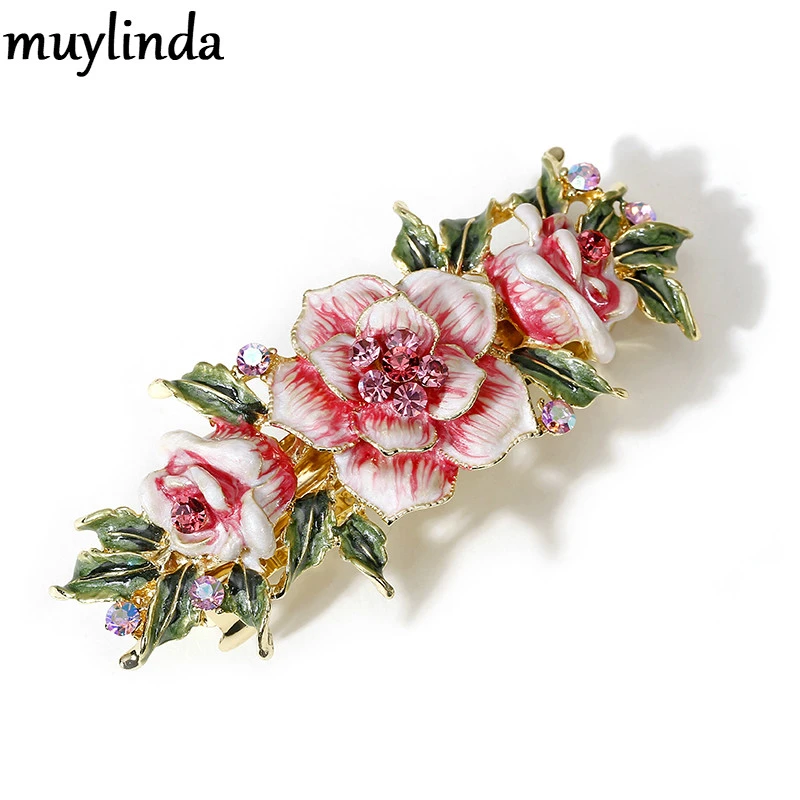 Muylinda Enamel Flower Chinese Hair Clip Jewelry Vintage Rose Rhinestone Hair Pin Barrettes Women Banquet Hair Accessories