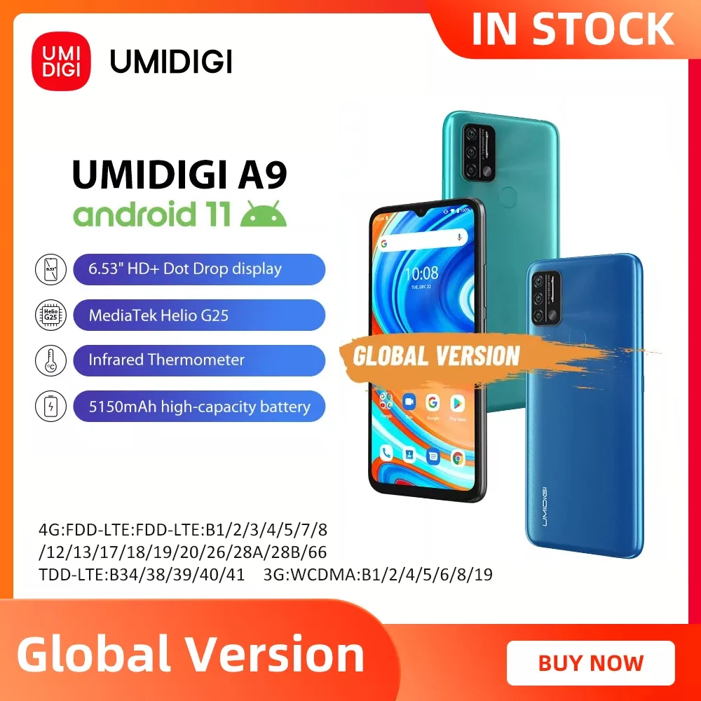 UMIDIGI A9 Global Version Smartphone Android 11 Helio G25 Octa Core 3GB+64GB 6.53