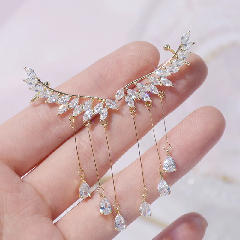 Korean Trendy Bling Zirconia Wing Tassel Earring for Women AAA Transparent Zircon Temperament Shining Stud Earring Pendant Gift