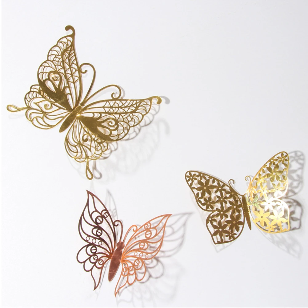 12pcs/set 3D Hollow Butterfly Wall Sticker Gold Silver Rose Wedding Decoration living room Home Decor Butterflies Decal stickers