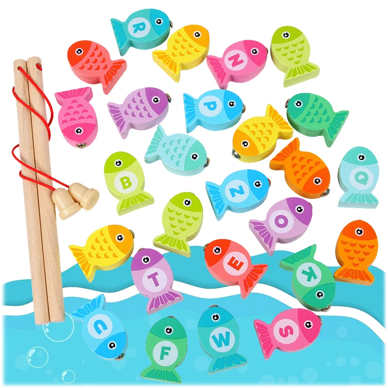 Baby Wooden Fishing Learning Alphanumeric Toys Preschool Montessori Education Cognition Color Letter Digital Fishing Games Toys