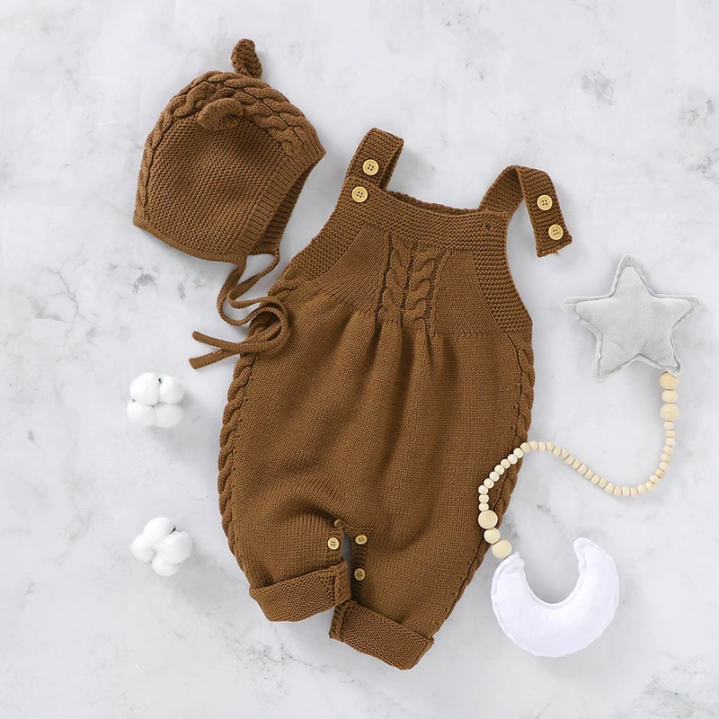 Baby Romper Set Knitted Newborn Girl Boy Jumpsuit Outfit + Cute Hat Solid Toddler Children Onesies Clothing Sleeveless One Piece