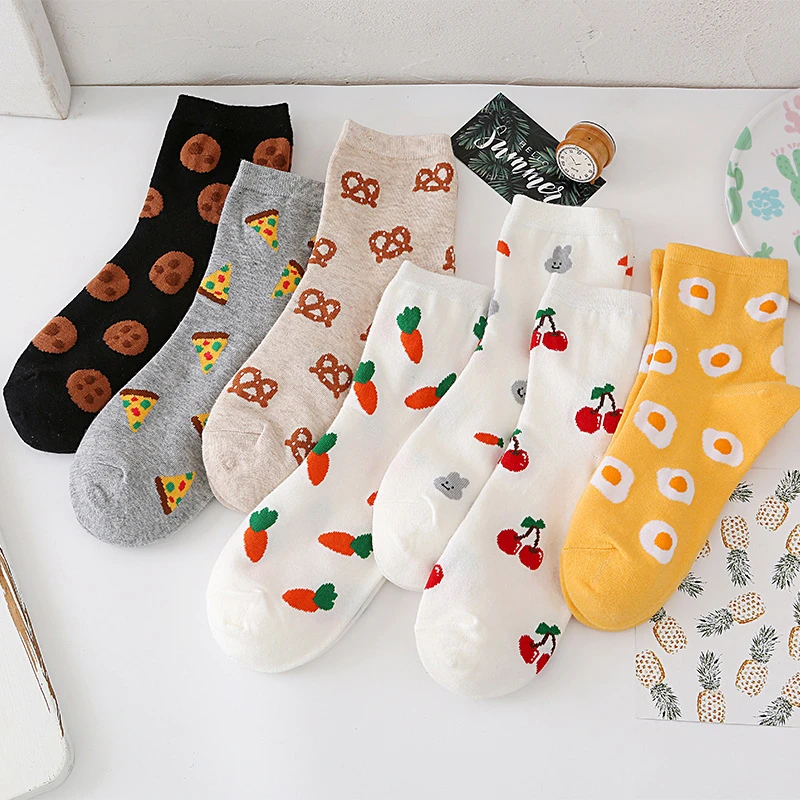 Fashion Autumn Winter Women Socks Cotton Cartoon Fruit Food Printed Lady Children Socks Soft Breathable Girls Female Street Sock